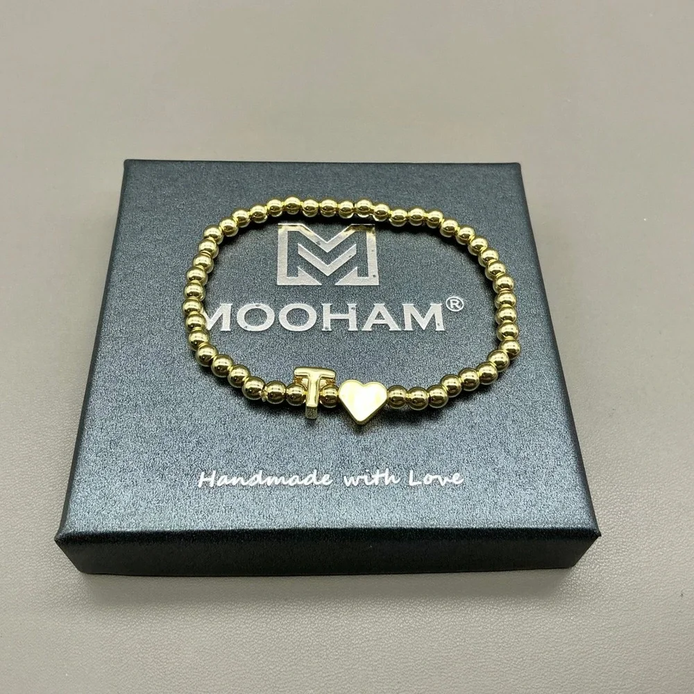 MOOHAM Initial Bracelet Women Gold Beaded Stretch Heart Charm Letter T Jewelry